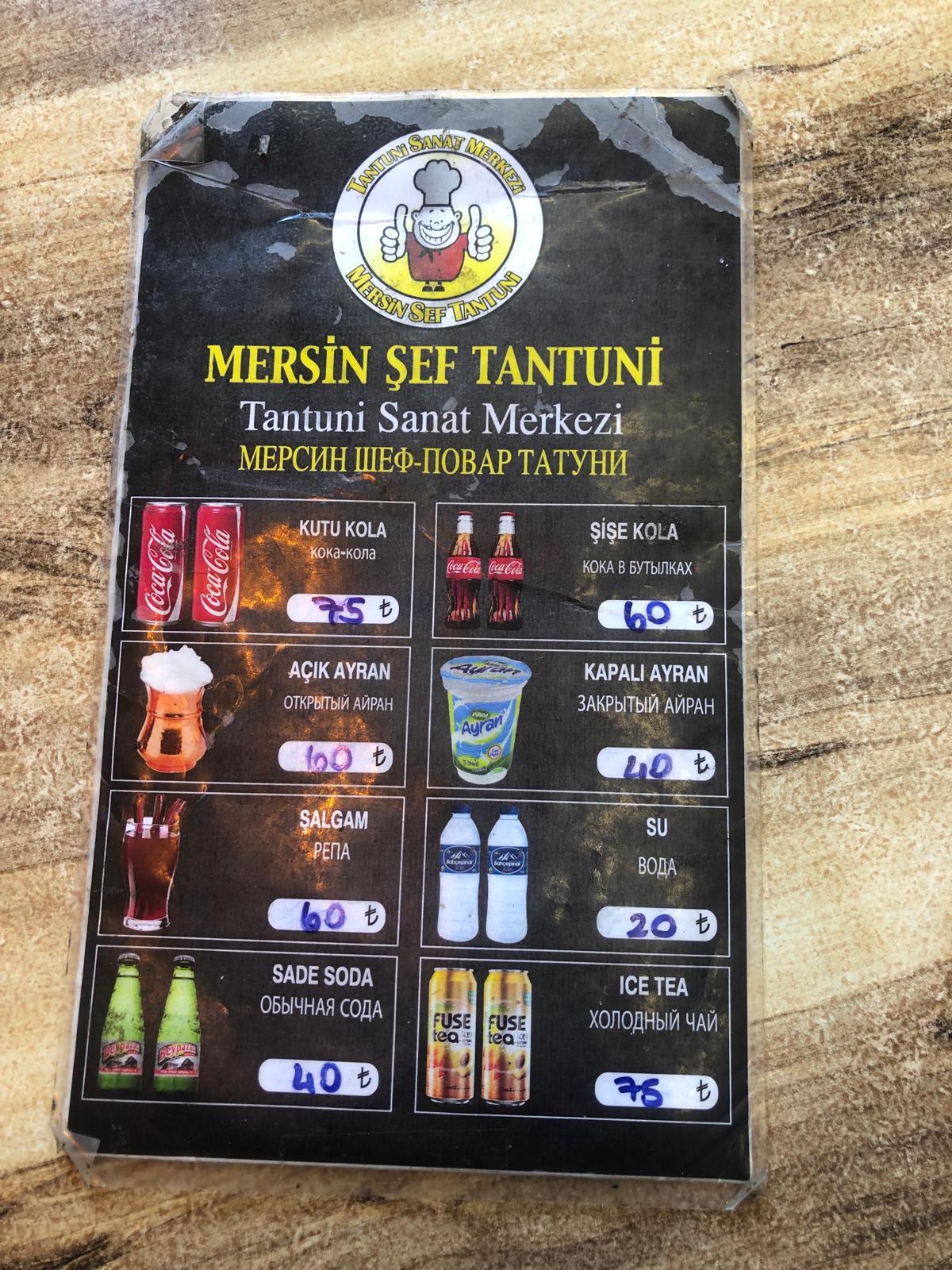 Mersin Şef Tantuni menü panosu - içecekler